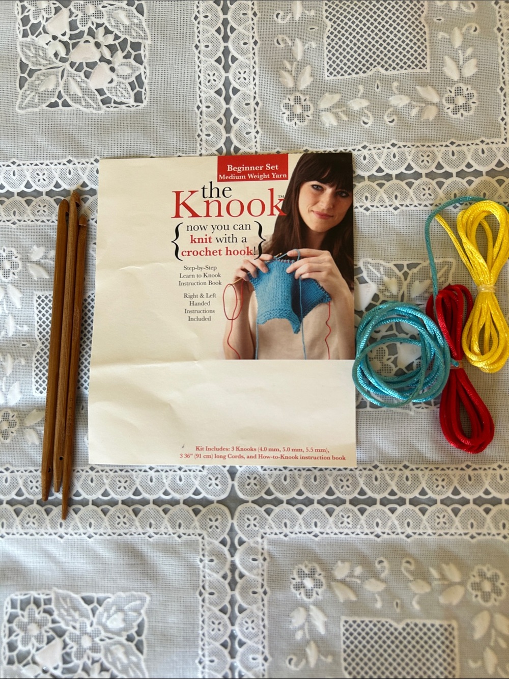 The Knook Beginner Set Knitting Kit - Blue with Red, Yellow, Teal Cords